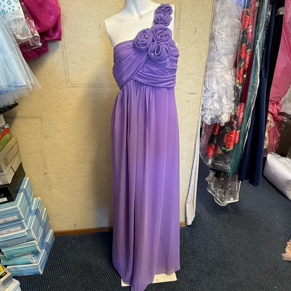 One-Shoulder Purple Evening Gown with Rosette Detail